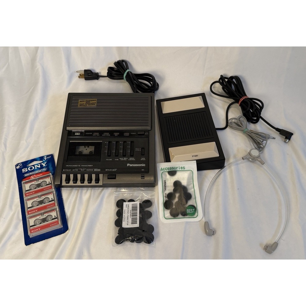 Vtg Panasonic Microcassette Transcriber  Headset, Tapes & Earpiece Covers WORKS